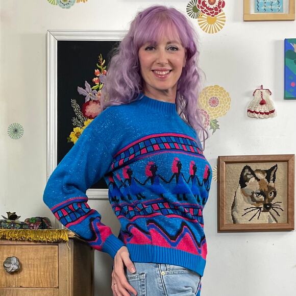 Vintage Metallic Novelty Sweater, 1980s Paper Doll Lady Pullover, Sz L-XL - Picture 2 of 12